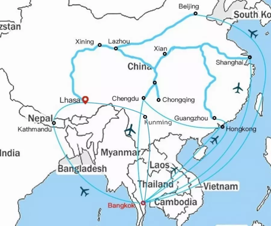 Air route from Bangkok to Tibet